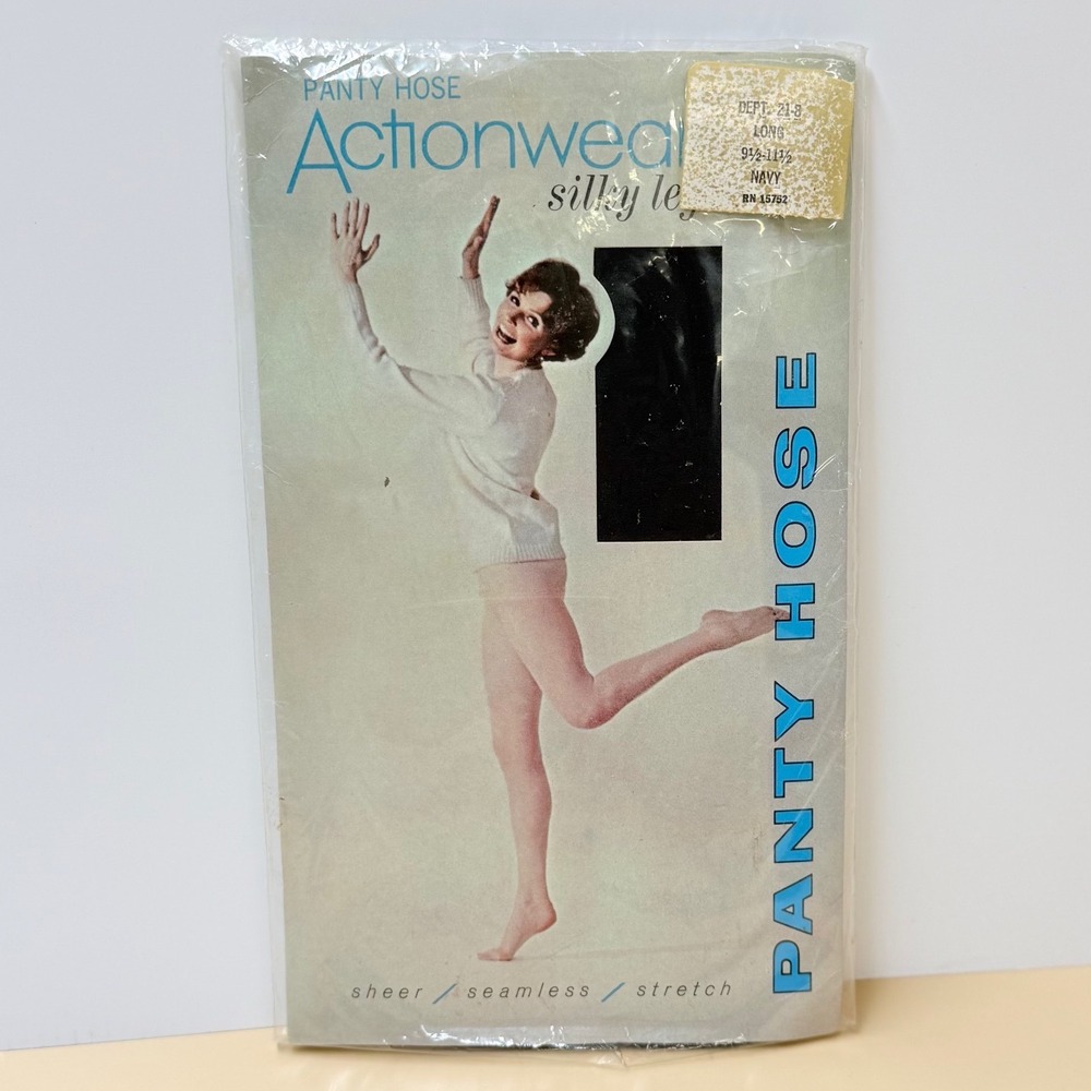 Vintage Actionwear Silky Legs Pantyhose Navy Blue Sheer Seamless Stretch Long